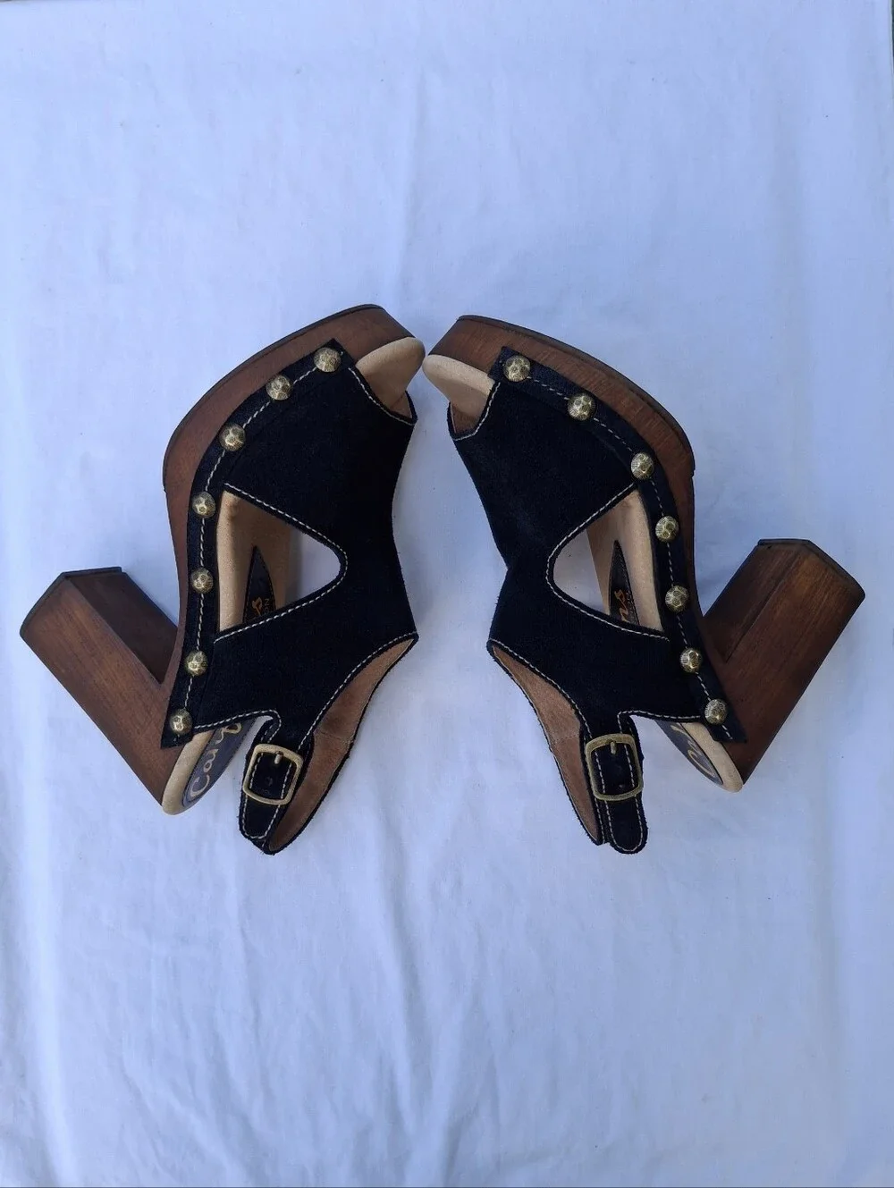 Californians Black Suede Studded Wood Sole Slingback Platform Sandals Clogs Sz 7